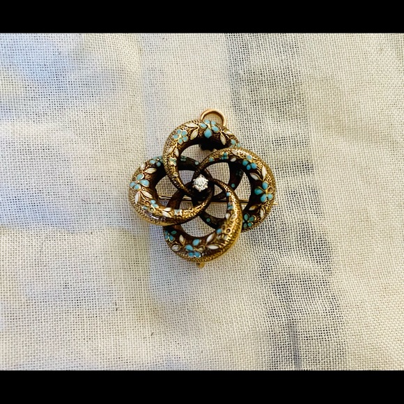 Antique Victorian 14k, Diamond, White & Blue Floral Enamel Etched Knot Pendant - Picture 5 of 5